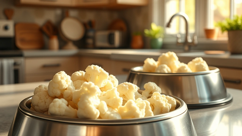 is cauliflower good for dogs -
Photorealistic image of steamed cauliflower florets in a stainless steel dog bo