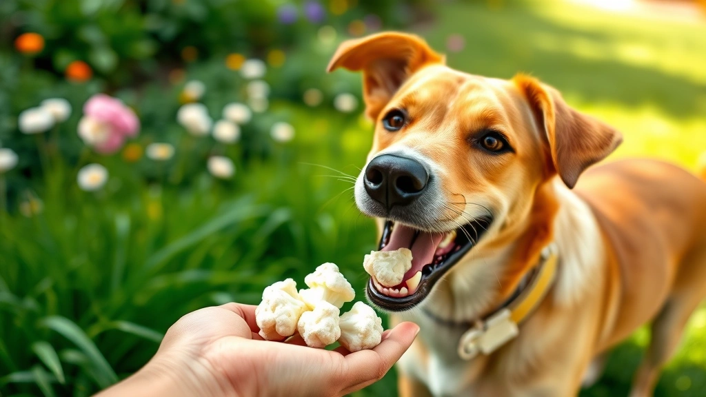 is cauliflower good for dogs -
Photorealistic photo of a medium-sized dog happily eating small cauliflower pie