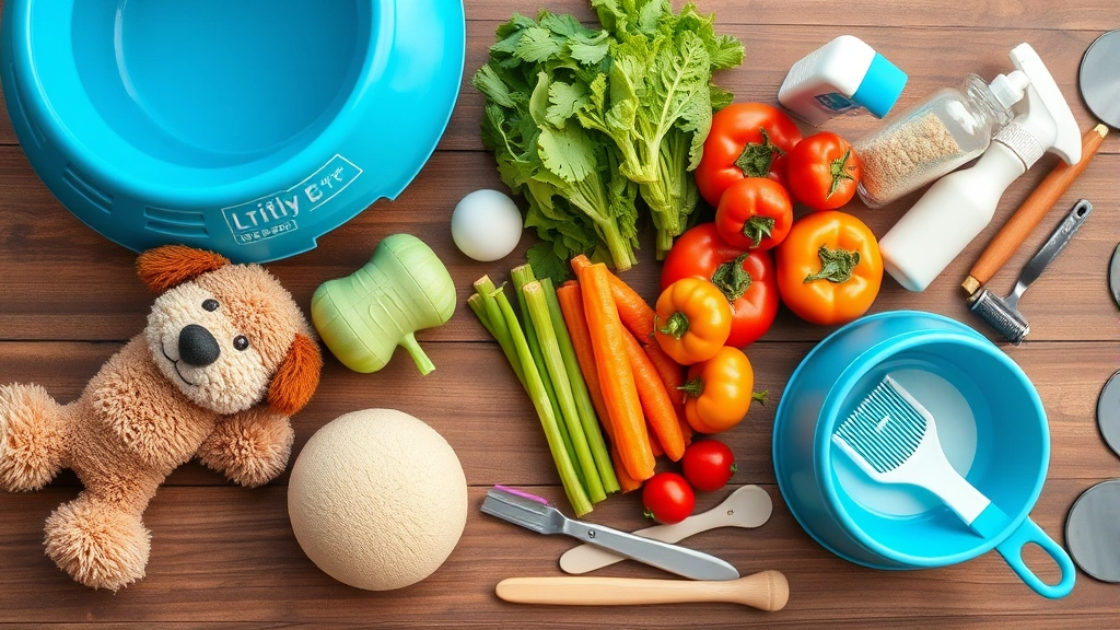 is cedarwood oil safe for dogs -
Photorealistic flat lay of natural pet care items including a dog toy, fresh ve