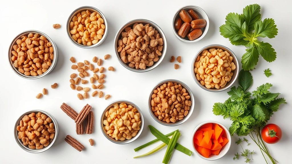 is cesar a good dog food -
Photorealistic overhead shot of various dog food options including wet food can