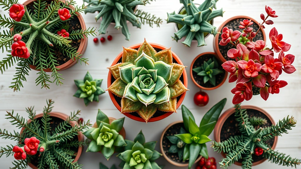 is christmas cactus poisonous to dogs -
Photorealistic overhead view of various non-toxic holiday plants including Chri