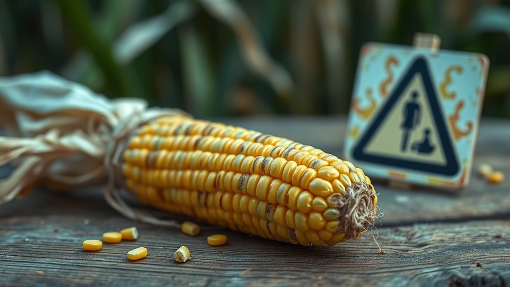 is corn harmful to dogs -
Close-up of a corn cob on a wooden surface with a warning sign nearby, photorea