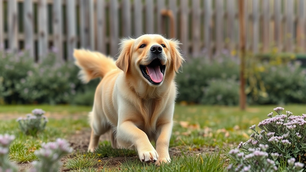 is creeping thyme safe for dogs -
Photorealistic happy golden retriever playing in a safe dog-friendly garden wit
