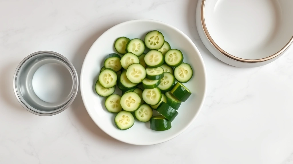 is cucumber ok for dogs -
photorealistic style: overhead flat lay of fresh cut cucumber pieces on white c