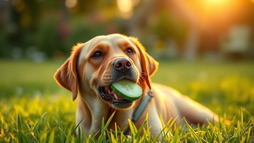 is cucumber ok for dogs -
photorealistic style: labrador retriever licking frozen cucumber treat on green