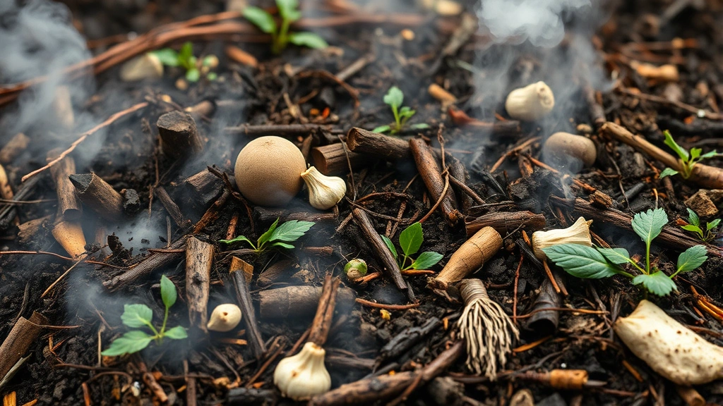 is dog feces a good fertilizer -
Photorealistic close-up of compost pile with steam rising, various organic mate