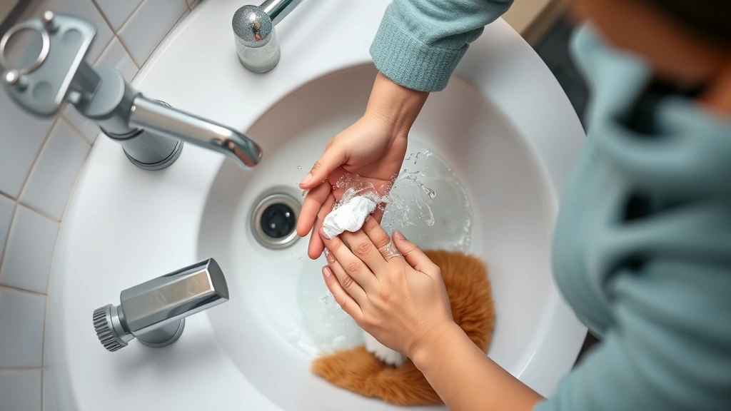 is dog pink eye contagious to humans -
Overhead view of a pet owner washing hands at a sink with soap and water after 