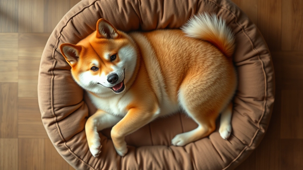 is doge still active -
Photorealistic overhead shot of a Shiba Inu lying on a comfortable dog bed