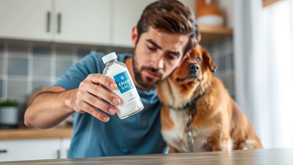 is epsom salt safe for dogs -
A concerned dog owner reading a bottle of epsom salt in their kitchen
