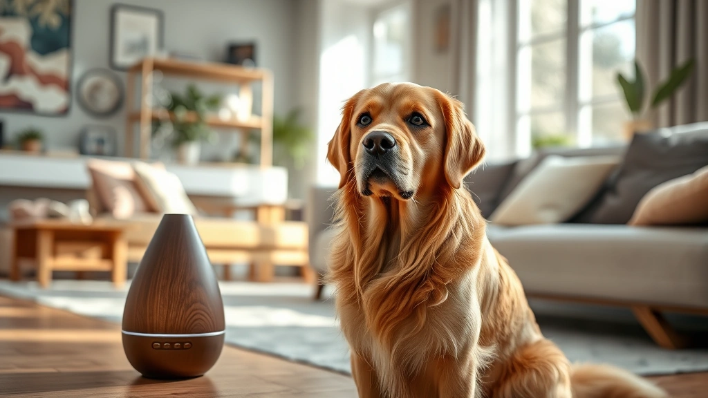 is eucalyptus safe for dogs -
Photorealistic image of a concerned golden retriever sitting near an essential 