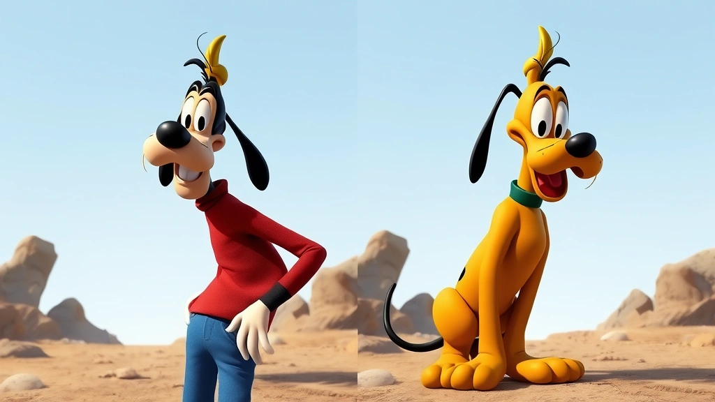 is goofy a dog or a cow -
Photorealistic side-by-side comparison scene showing Goofy standing next to Plu