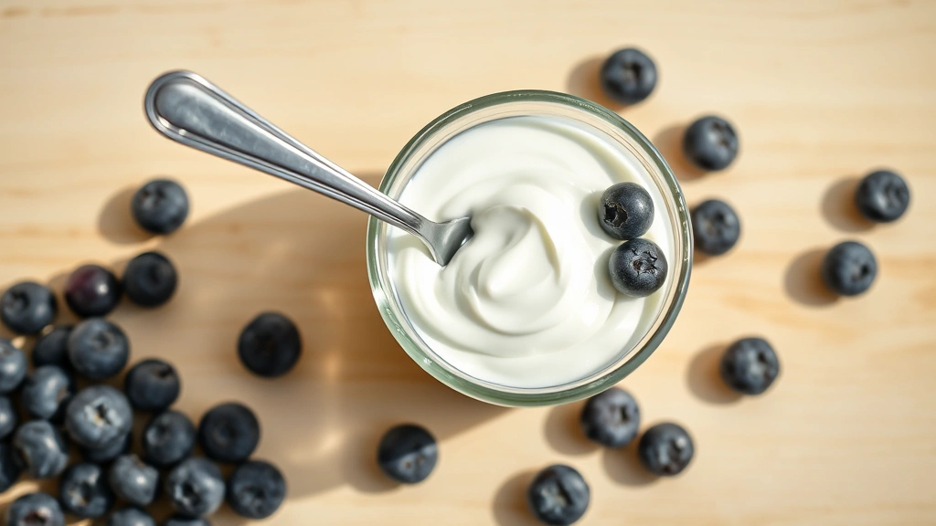 is greek yogurt good for dogs -
Photorealistic overhead shot of a glass container of plain greek yogurt with a 