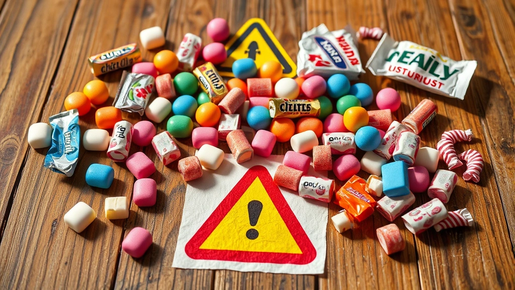 is gum bad for dogs -
photorealistic image of various types of chewing gum and candy scattered on a w