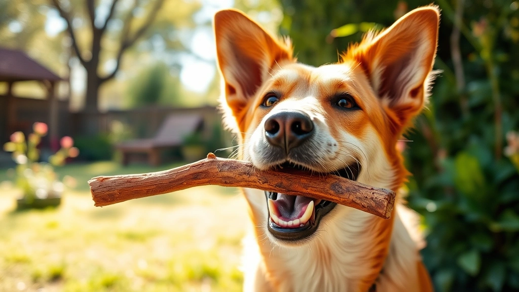 is gum bad for dogs -
photorealistic photo of a happy dog chewing on a natural bully stick treat outd