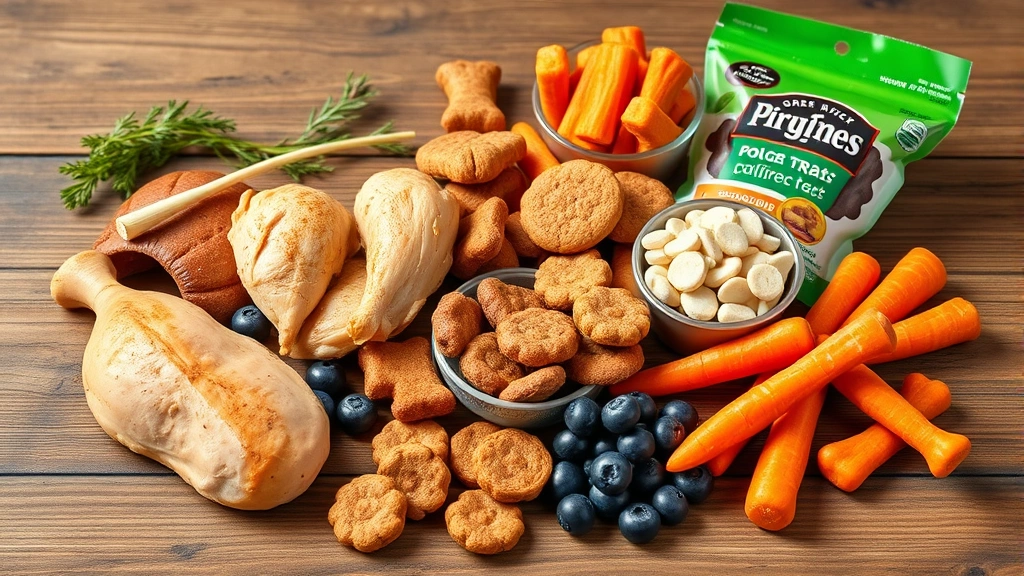 is ham bad for dogs -
Photorealistic image of various safe dog treats and foods arranged on a wooden 