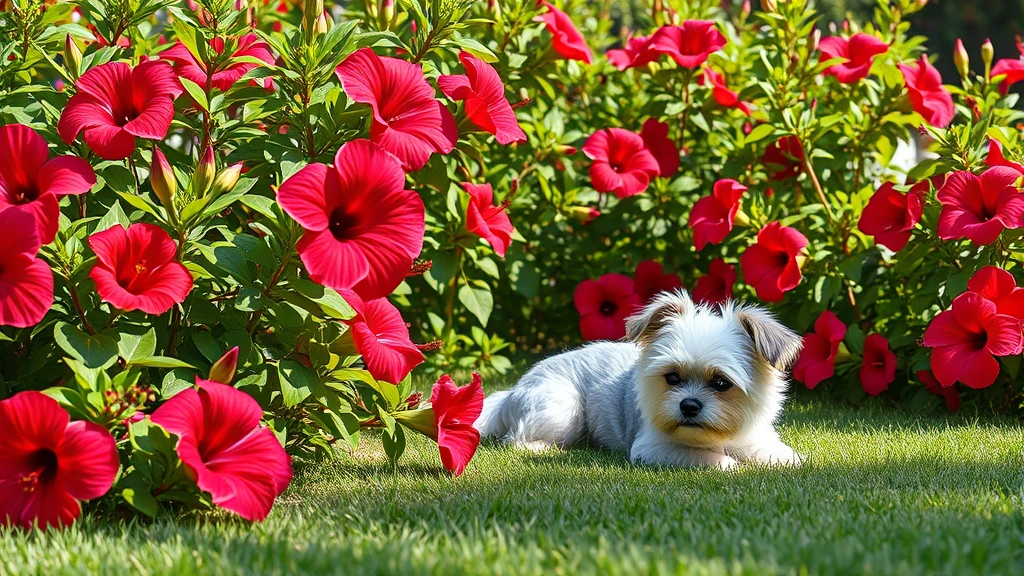 is hibiscus toxic to dogs -
Photorealistic image of a dog-safe garden featuring vibrant hibiscus plants wit