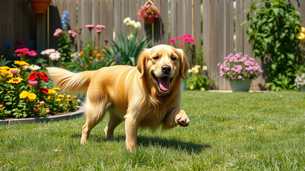 is honeysuckle poisonous to dogs -
Photorealistic photo of a golden retriever playing in a safe dog-friendly garde
