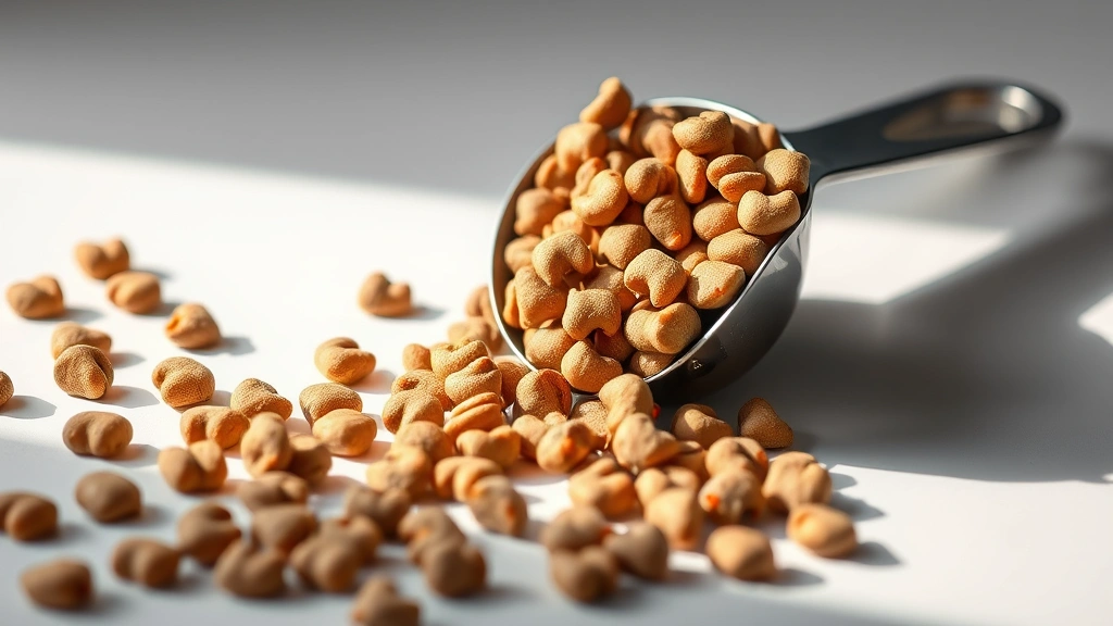 is iams good dog food -
Photorealistic image of dog food kibble in a stainless steel measuring cup, sca