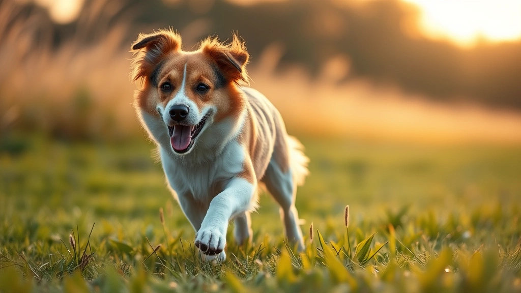 is iams good dog food -
Photorealistic image of a healthy dog with shiny coat running through a grassy