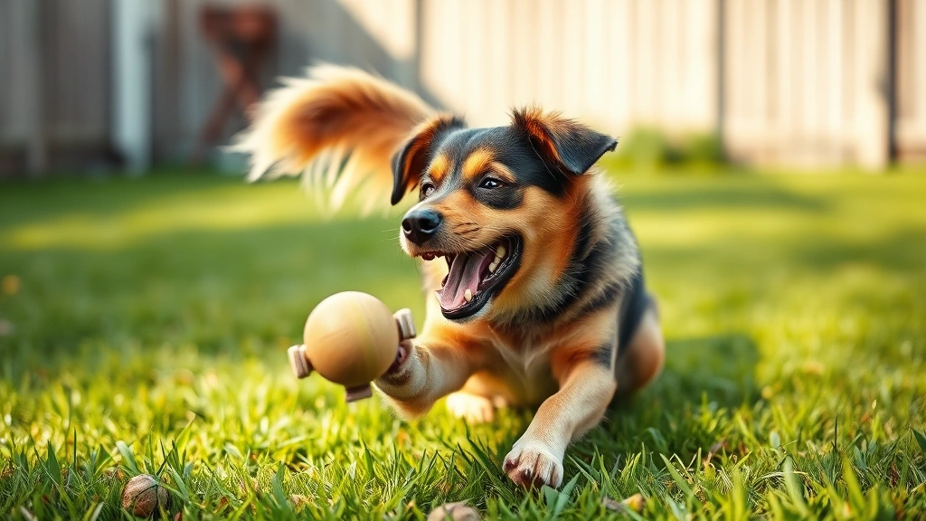 is it cruel to keep a blind dog -
A blind dog playing joyfully with a toy in a safe backyard environment, tail in
