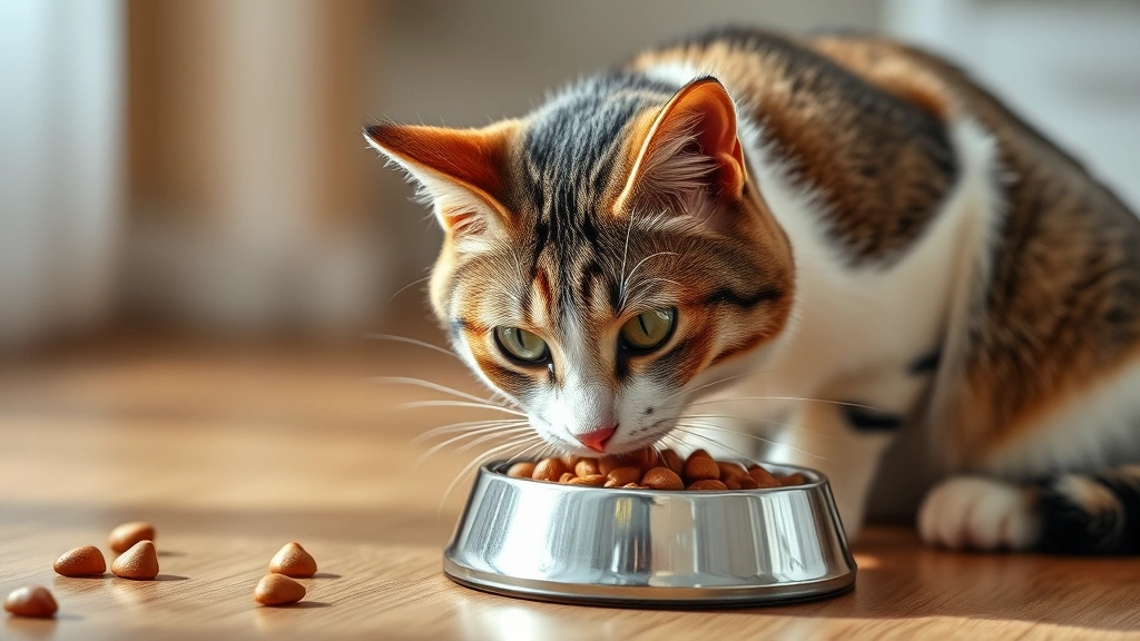 is it ok for cats to eat dog food -
Photorealistic image of a healthy adult cat eating from a proper cat food bowl
