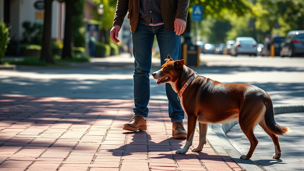 is it too hot to walk my dog -
Photorealistic dog owner checking hot pavement with hand while dog stands nearb