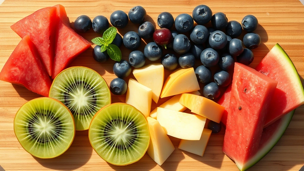 is kiwi safe for dogs -
photorealistic style: overhead view of various dog-safe fruits arranged on a wo