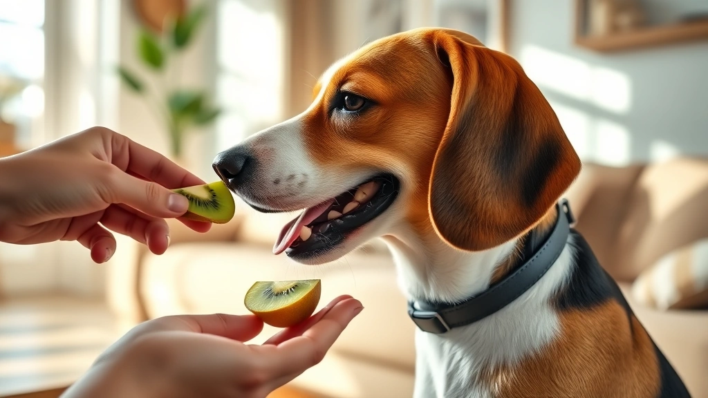 is kiwi safe for dogs -
photorealistic style: side profile of a happy beagle receiving a tiny kiwi slic