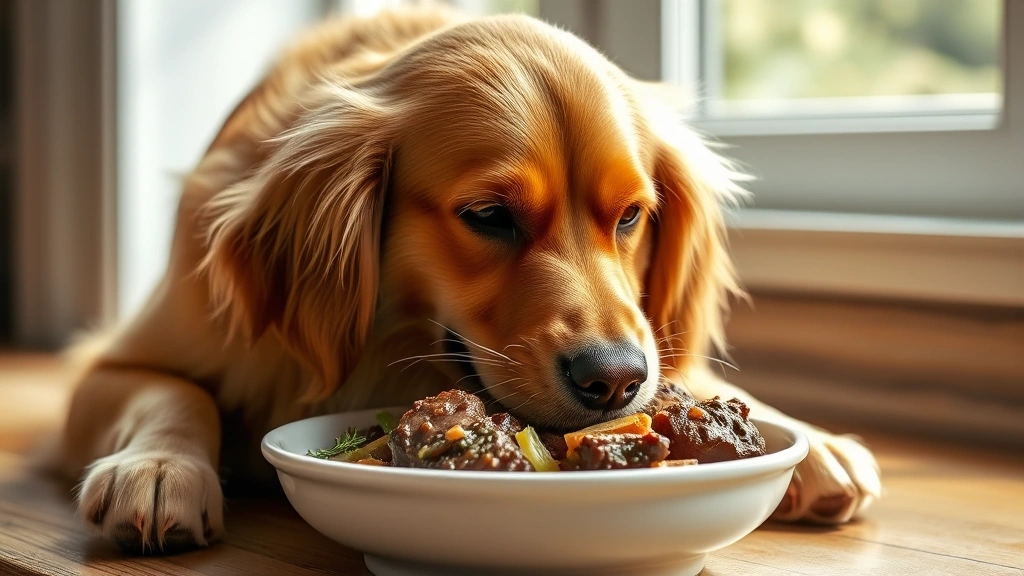 is lamb meat good for dogs -
Photorealistic image of a happy golden retriever eating from a white ceramic bo