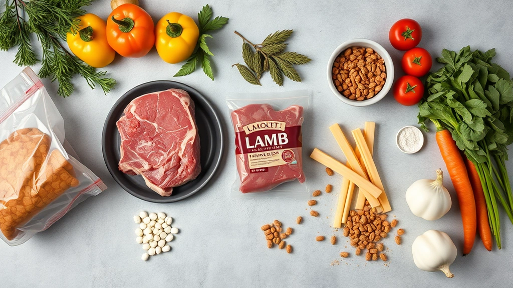 is lamb meat good for dogs -
Photorealistic flat lay of lamb meat, dog kibble, fresh vegetables, and supplem