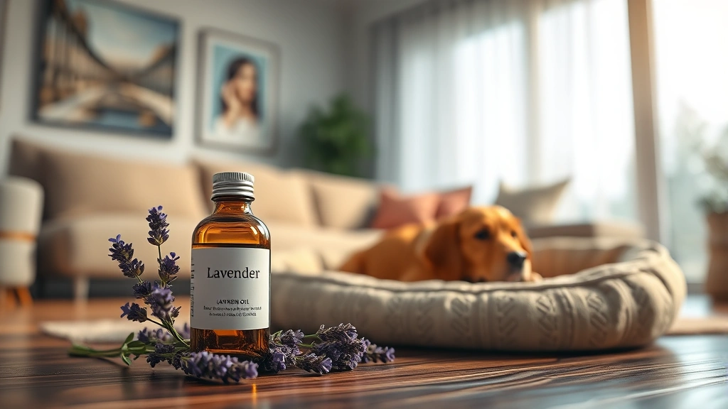 is lavender bad for dogs -
Photorealistic image of a bottle of lavender essential oil next to a dog bed in
