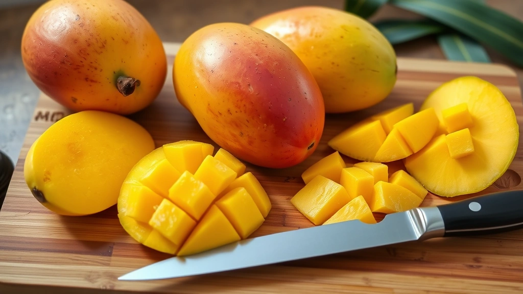 is mango good for dogs -
Photorealistic image of whole fresh mangoes and mango slices on a wooden cuttin
