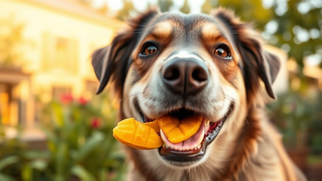is mango good for dogs -
Photorealistic close-up of a dog’s happy face with a small piece of mango