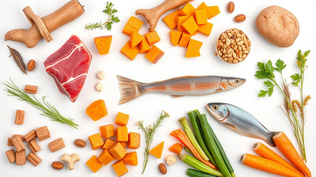 is merrick a good dog food -
Photorealistic flat lay of dog food ingredients including deboned meat, sweet p