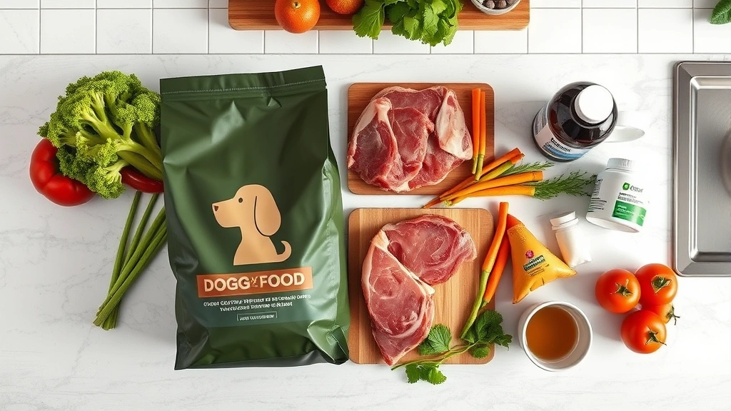 is natural balance a good dog food -
Photorealistic overhead shot of dog food bag next to fresh meat, vegetables, an