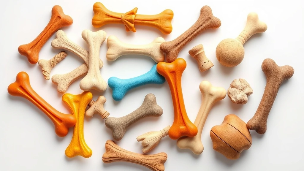 is nylabone safe for dogs -
Photorealistic overhead shot of various dog chew toys arranged on white surface