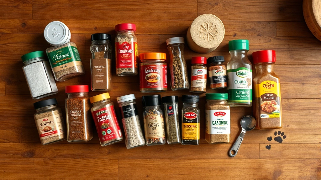 is onion powder bad for dogs -
Photorealistic flat lay of various seasoning containers and spice jars on a woo