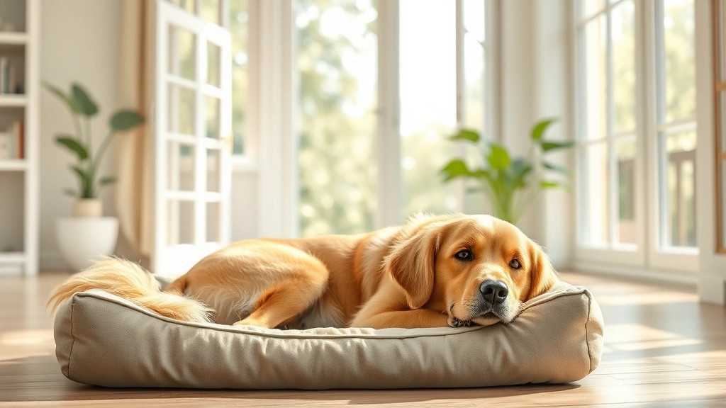 is orange essential oil safe for dogs -
Photorealistic image of a healthy golden retriever lying on a dog bed in a brig