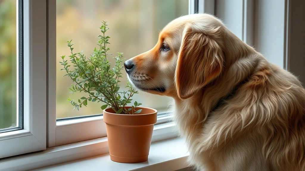 is oregano ok for dogs -
Photorealistic image of a golden retriever dog looking at a potted oregano plan