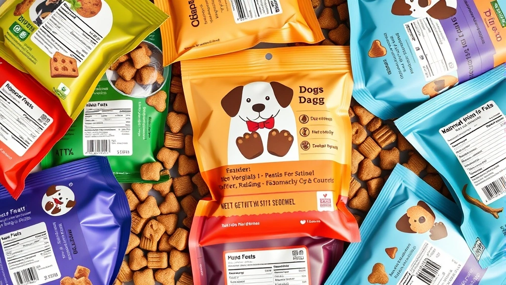 is palm oil bad for dogs -
Photorealistic flat lay of various dog treat packages with ingredient labels vi