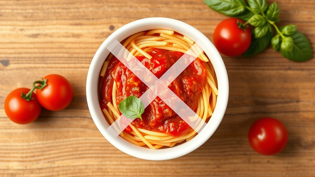 is pasta bad for dogs -
Photorealistic overhead shot of a bowl of red marinara pasta sauce with a prohi