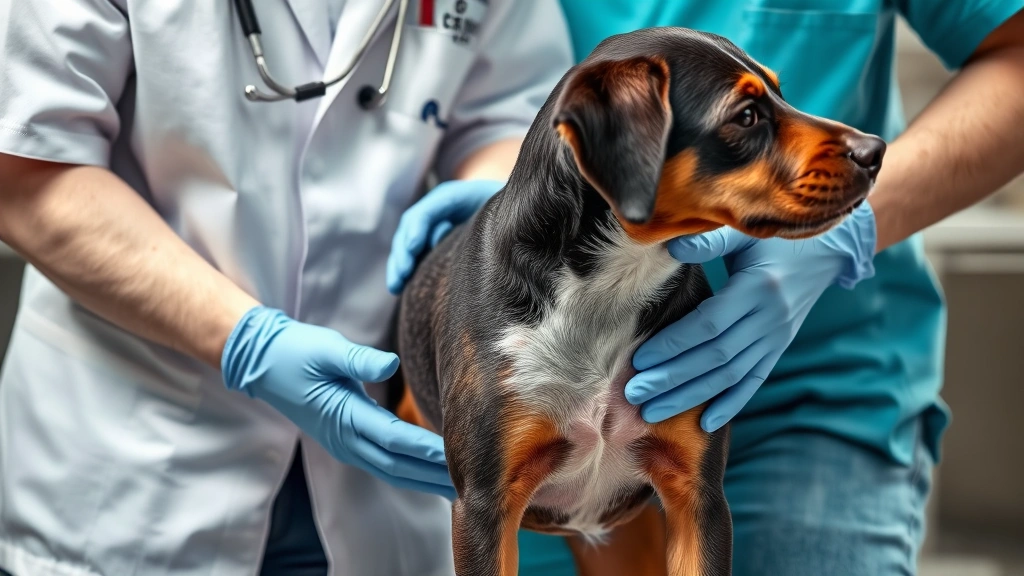 is pepperoni bad for dogs -
Photorealistic image of a veterinarian examining a dog’s abdomen during a