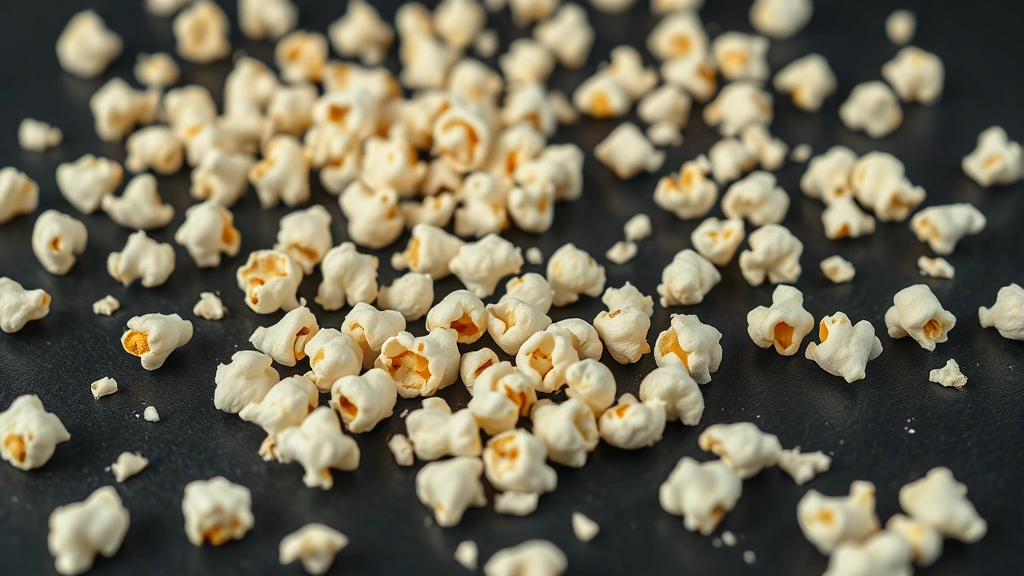 is popcorn ok for dogs -
Close-up of scattered popcorn kernels on a dark surface showing both popped and