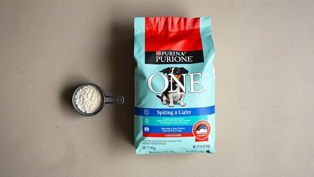 is purina one a good dog food -
Photorealistic overhead flat lay of Purina One dog food bag next to a measuring