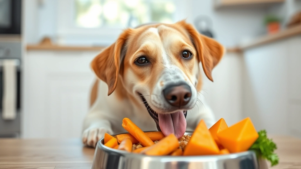 is quinoa bad for dogs -
A happy dog eating from a food bowl with healthy vegetables like carrots and sw