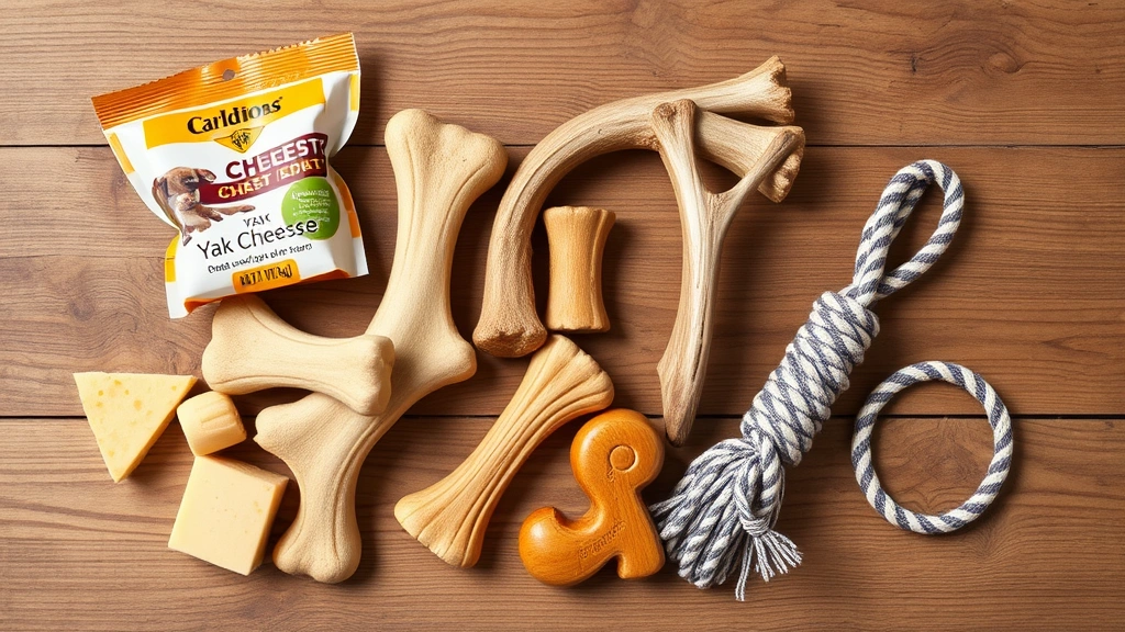 is rawhide bad for dogs -
Photorealistic image of various dog chew alternatives arranged on a wooden surf