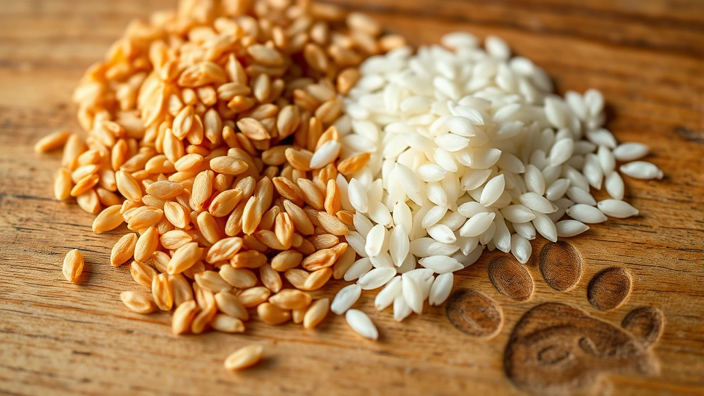 is rice good for dogs everyday -
Close-up of brown rice and white rice grains separated on a wooden surface with