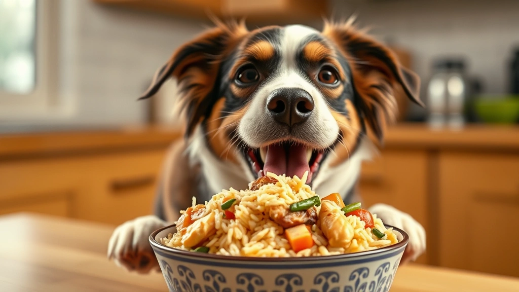 is rice good for dogs everyday -
A happy dog eating from a mixed bowl containing rice, chicken, and vegetables, 