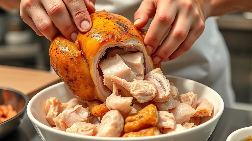 is rotisserie chicken good for dogs -
Photorealistic close-up of hands removing meat from rotisserie chicken, separat