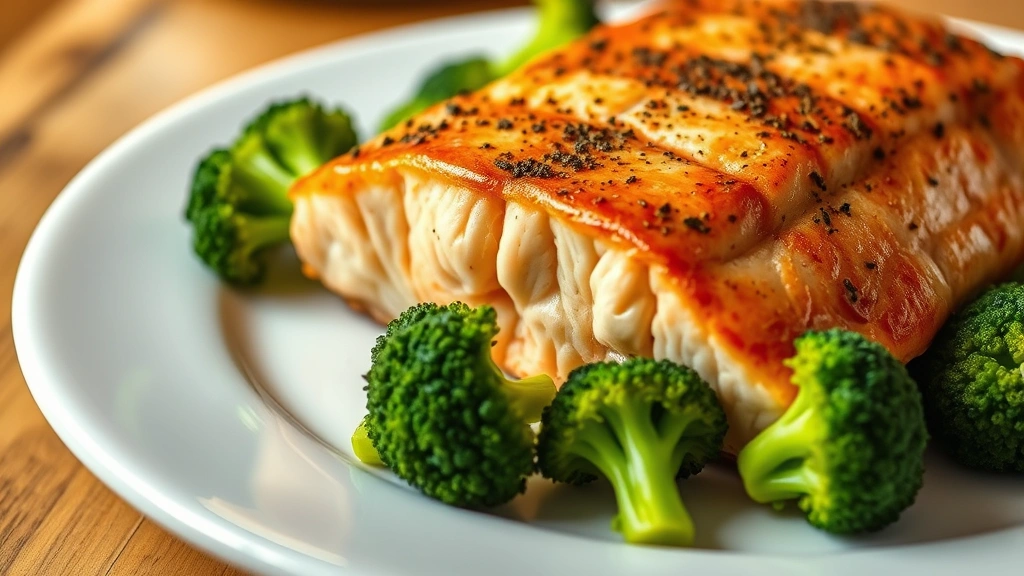 is salmon good for dogs -
Photorealistic close-up of fresh cooked salmon fillet on a white plate with ste